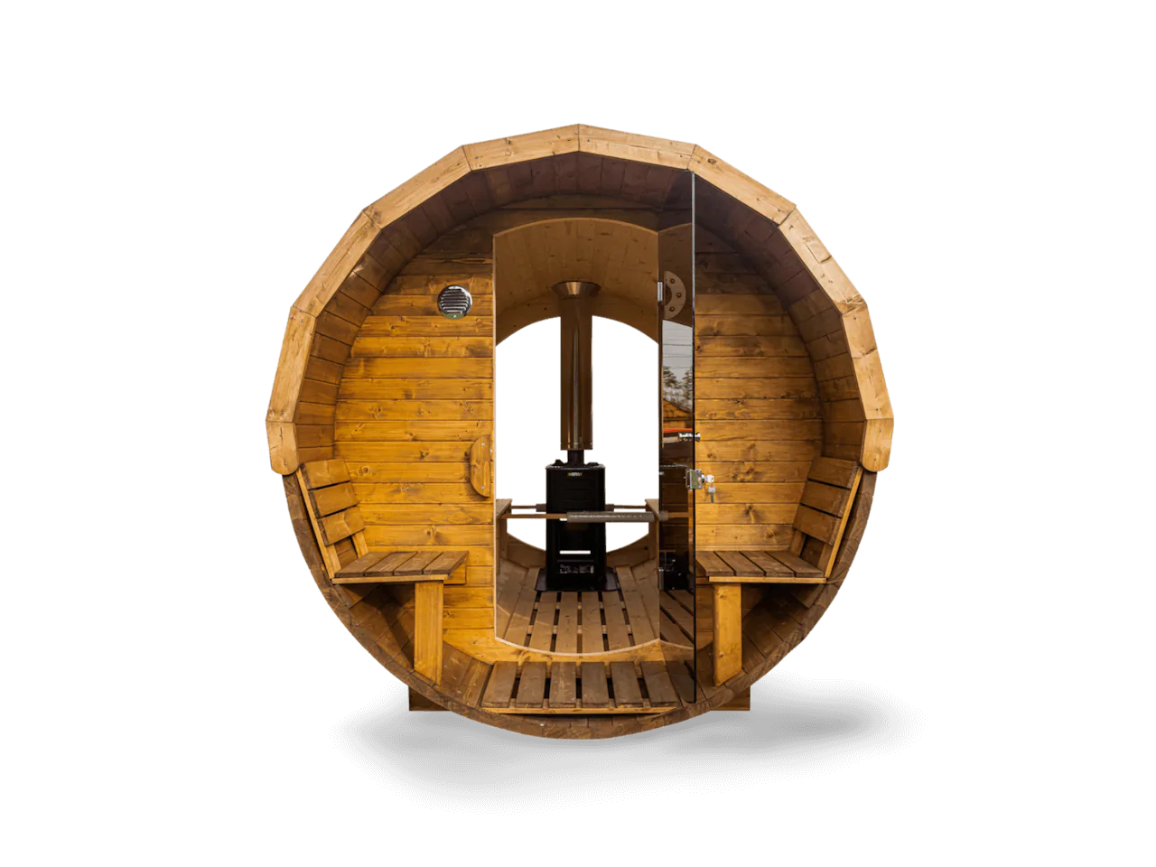 Sauna ogrodowa z przedsionkiem ławeczkami szklanymi drzwiami i piecem opalanym drewnem - Novi Home