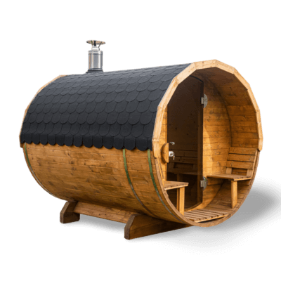 Sauna ogrodowa beczka z szklanymi drzwiami i przedsionkiem i piecem opalanym drewnem - Novi Home