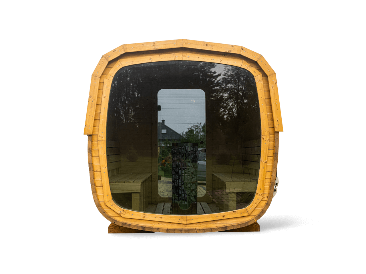 Przyciemniona panoramiczna szyba kwadratowej sauny ogrodowej na całą ścianę - Novi Home