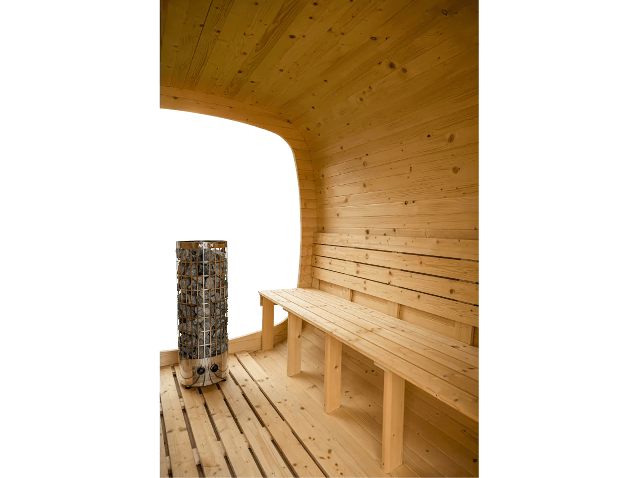 Wnętrze drewnianej kwadratowej sauny ogrodowej z ławeczkami i elektrycznym piecem harvia - Novi Home