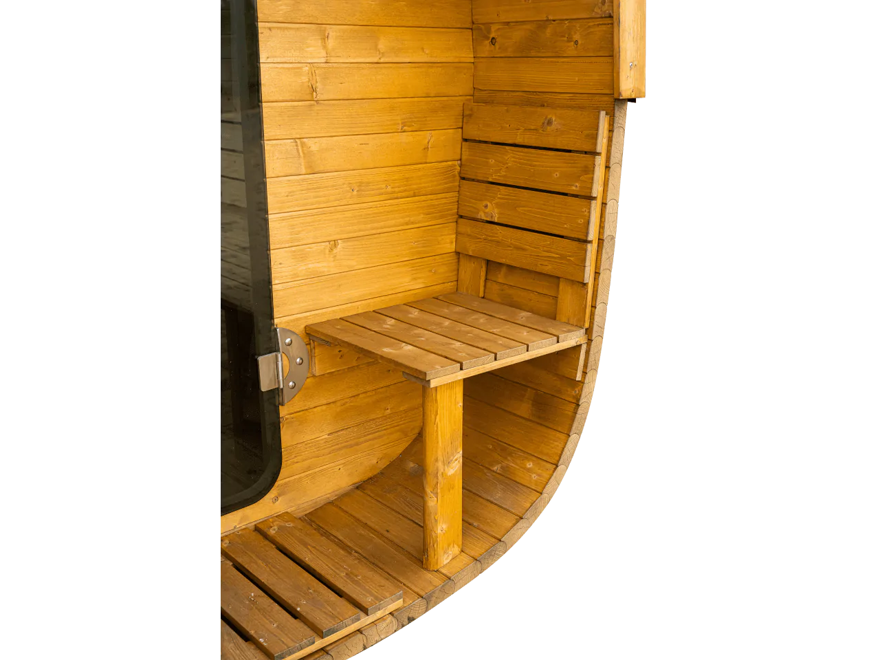 Przedsionek drewnianej kwadratowej sauny ogrodowej z ławeczką - Novi Home